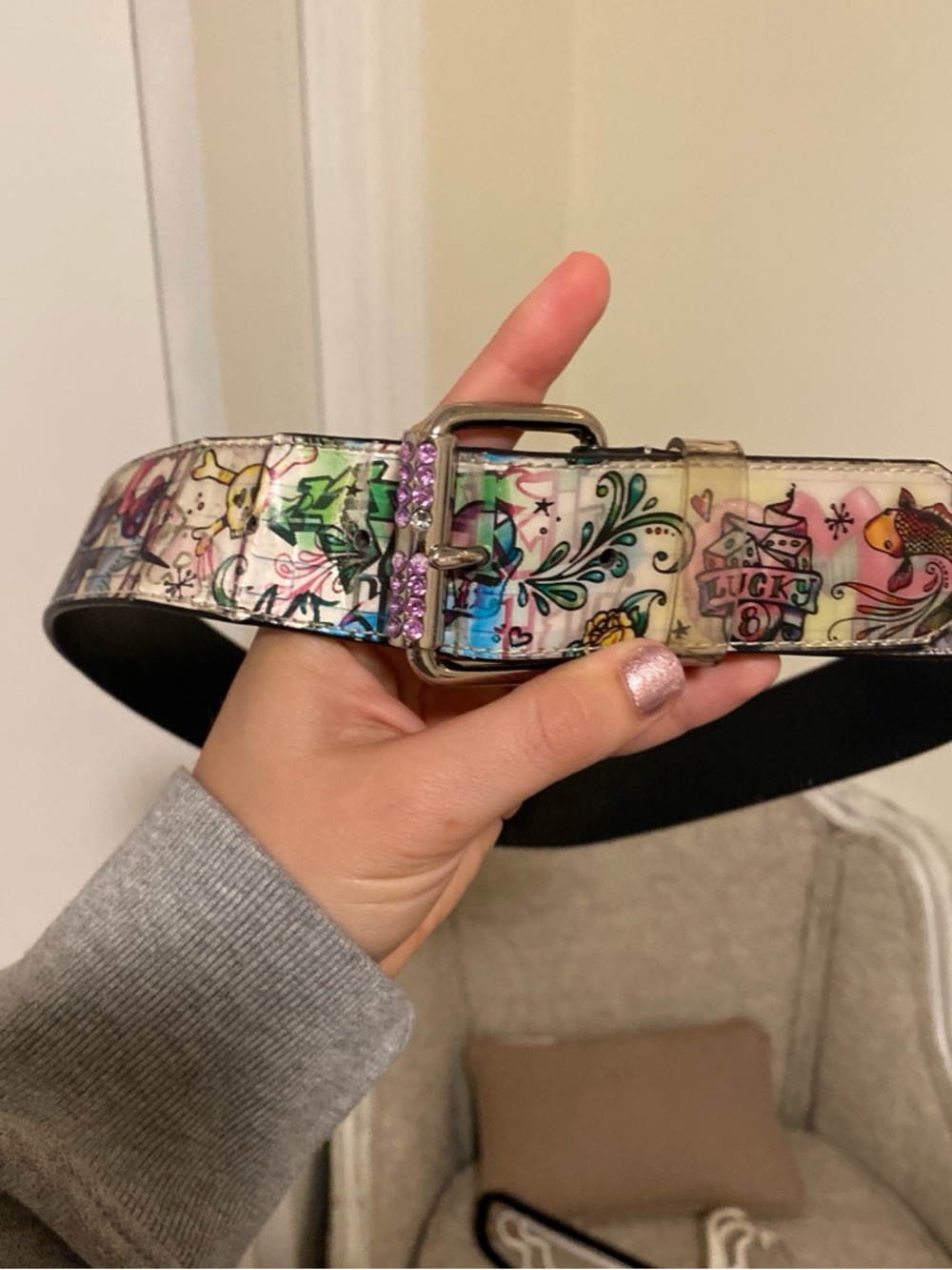 Ed Hardy Multicolor Tattoo Print Belt with Pink Rhinestone Buckle